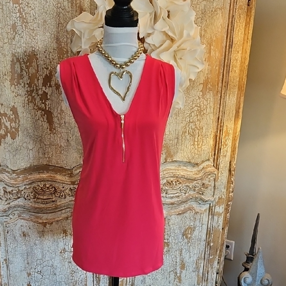 INC International Concepts Hot Pink V-Neck Sleeveless Top with Front Zip